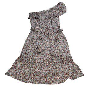 Heatherly Women’s One Ruffle Shoulder Belted A-Line Dress Gray/Multi Floral S